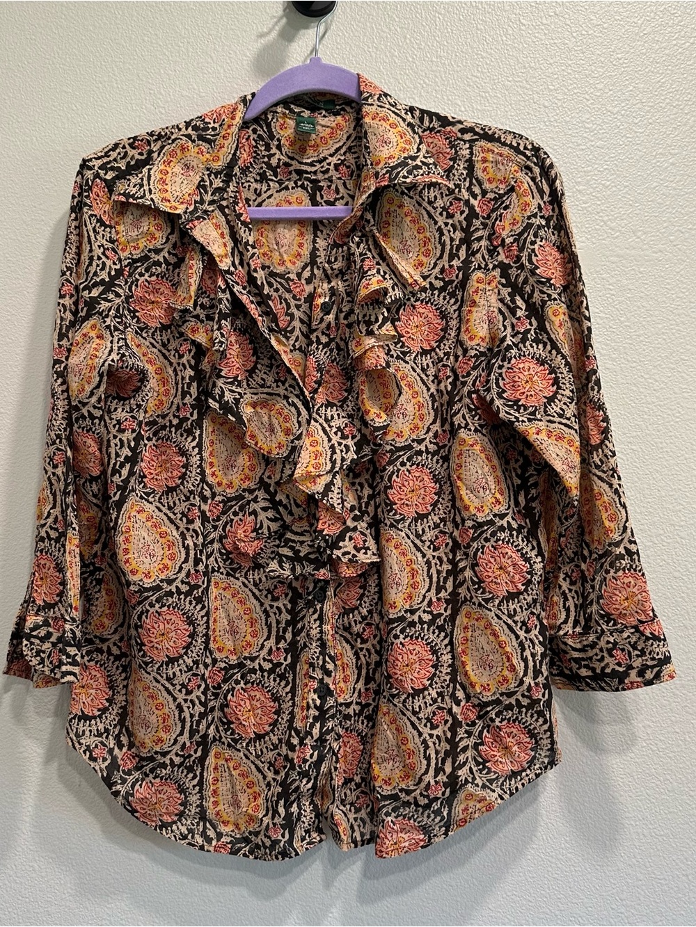 Lauren Ralph Lauren,cotton,black with colorful print,ruffle collar,3/4 sleeve